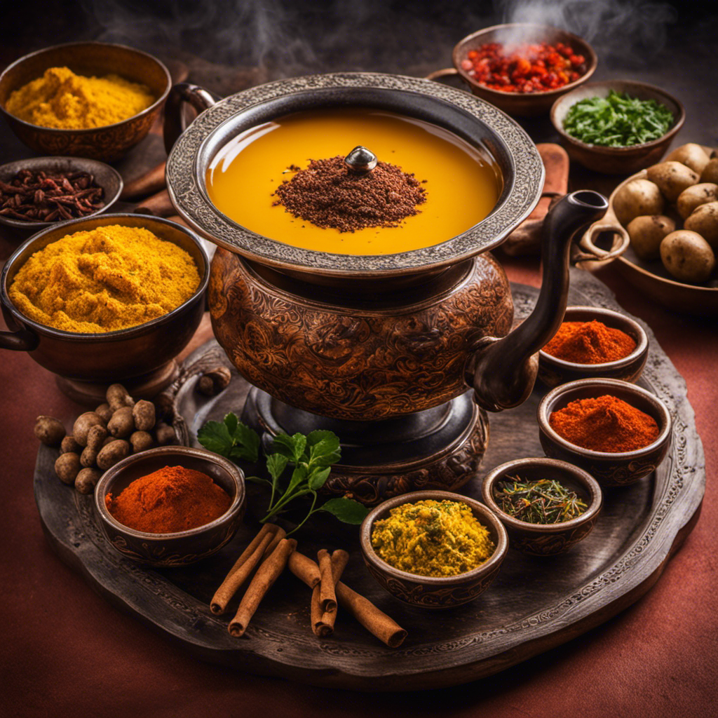 An image showcasing a steaming tea cup, surrounded by vibrant spices like turmeric and cumin