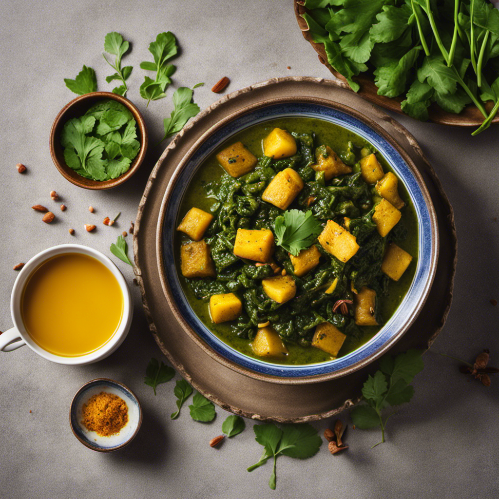 An image showcasing a vibrant bowl of Turmeric Aloo Palak, with steam rising from the fragrant dish