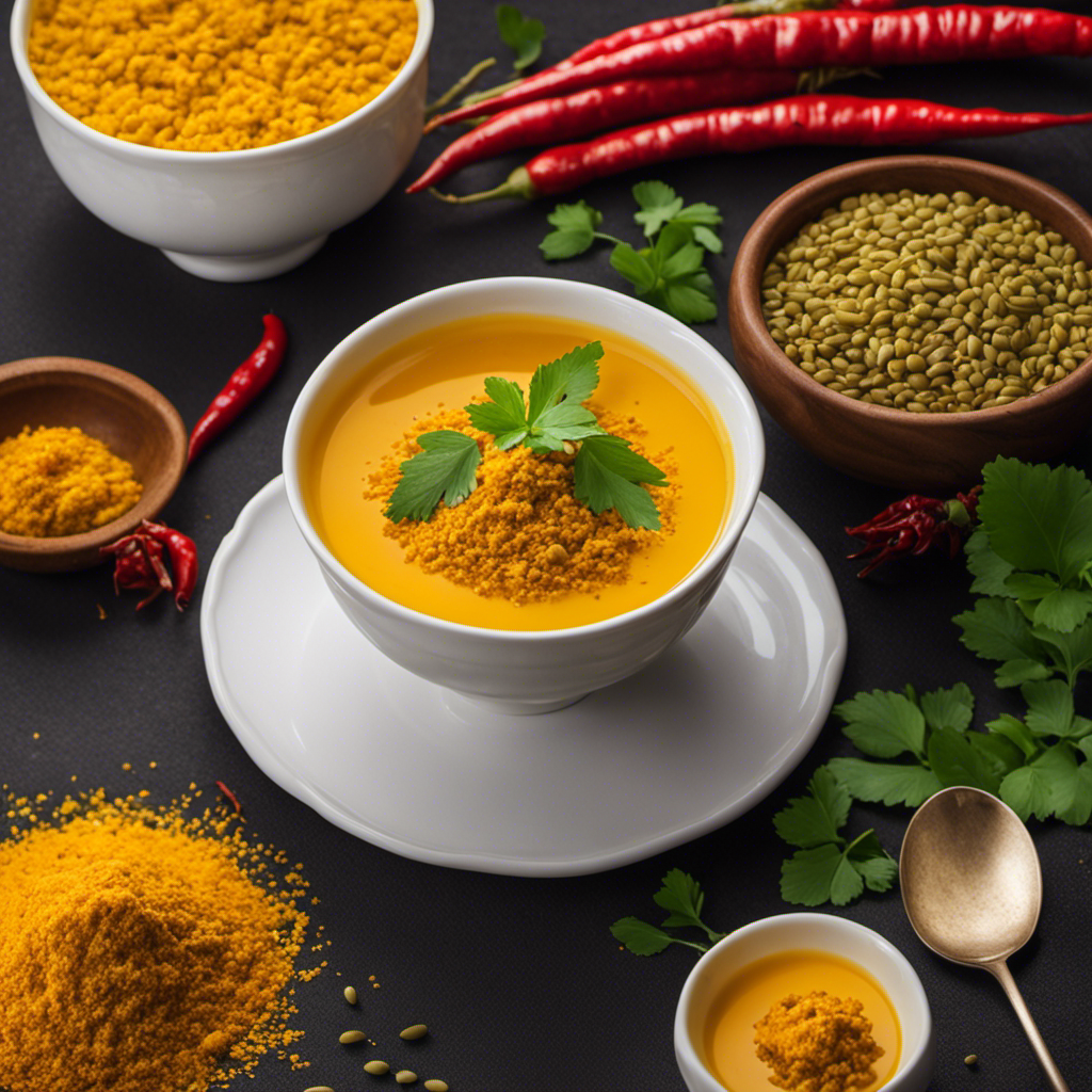 An image of a steaming cup of golden turmeric tea, nestled beside a warm bowl of aromatic, vibrant yellow turmeric daal, garnished with fresh coriander leaves and red chili flakes, emanating a tantalizing aroma