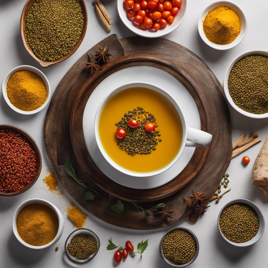 An image showcasing a warm cup of aromatic tea infused with vibrant turmeric, accompanied by a steaming bowl of lentil dal, brimming with red masoor lentils, tomatoes, and fragrant spices