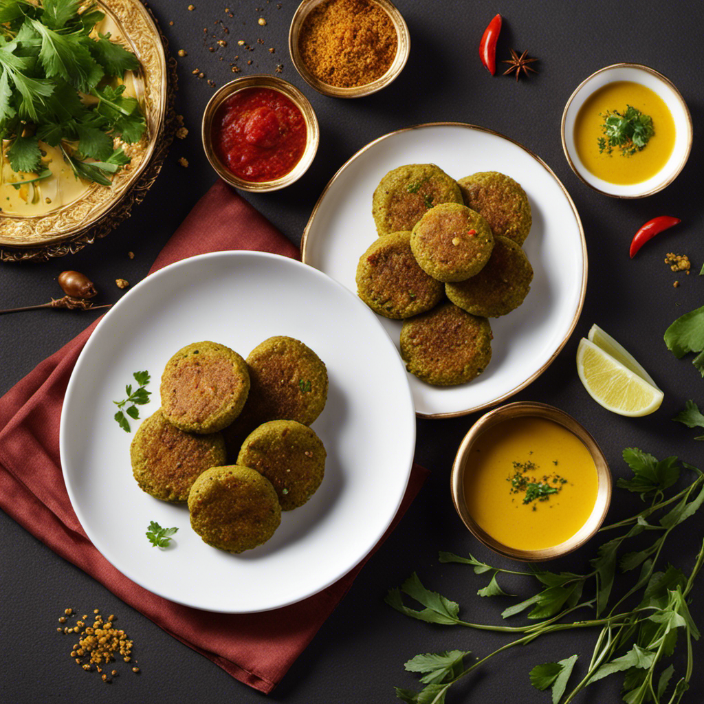 An image showcasing a golden-hued Shami Kabab, gently spiced with turmeric, subtly seasoned with aromatic herbs, and served alongside a steaming cup of fragrant tea, exuding warmth and comfort