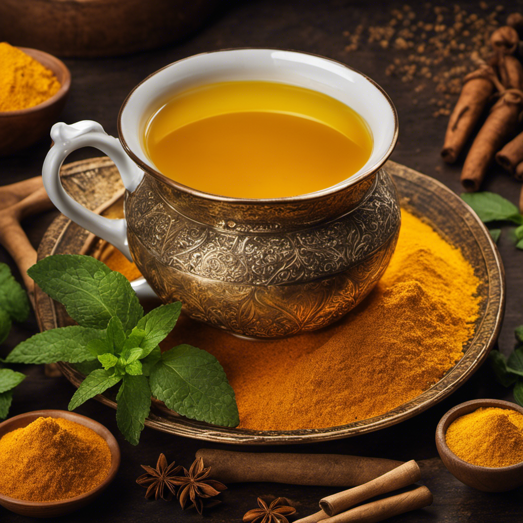 An image showcasing a steaming cup of golden turmeric tea, surrounded by vibrant yellow and orange spices, with a sprig of fresh mint delicately placed on the side, evoking feelings of warmth, health, and relaxation