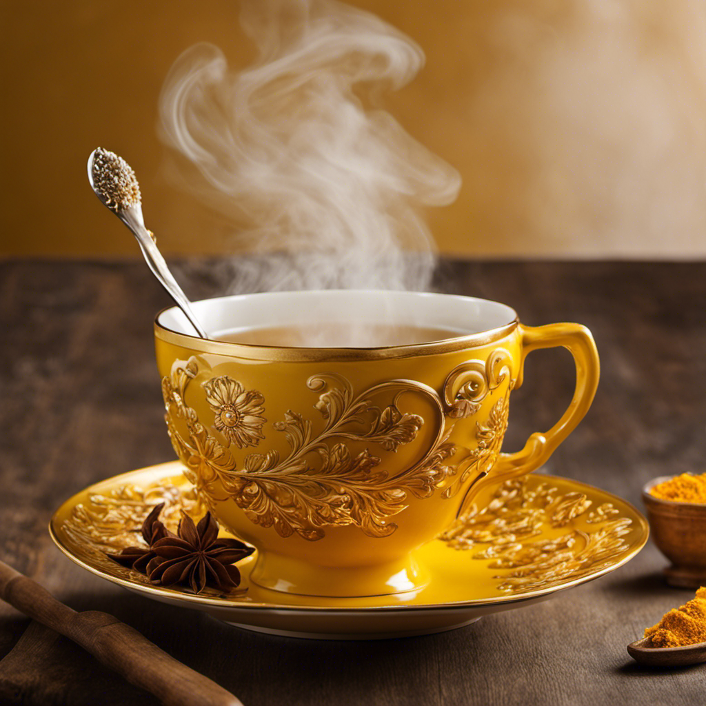 An image showcasing a vibrant yellow tea cup filled with steaming, aromatic tea brewed from fresh turmeric root