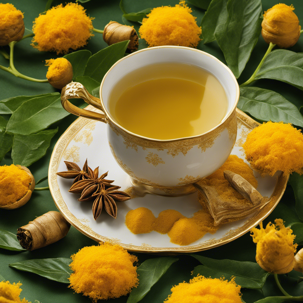 An image that showcases a steaming cup of Tea Golden Turmeric Mix, with its vibrant yellow hue beautifully contrasting against a backdrop of lush green tea leaves, while delicate wisps of steam rise gracefully