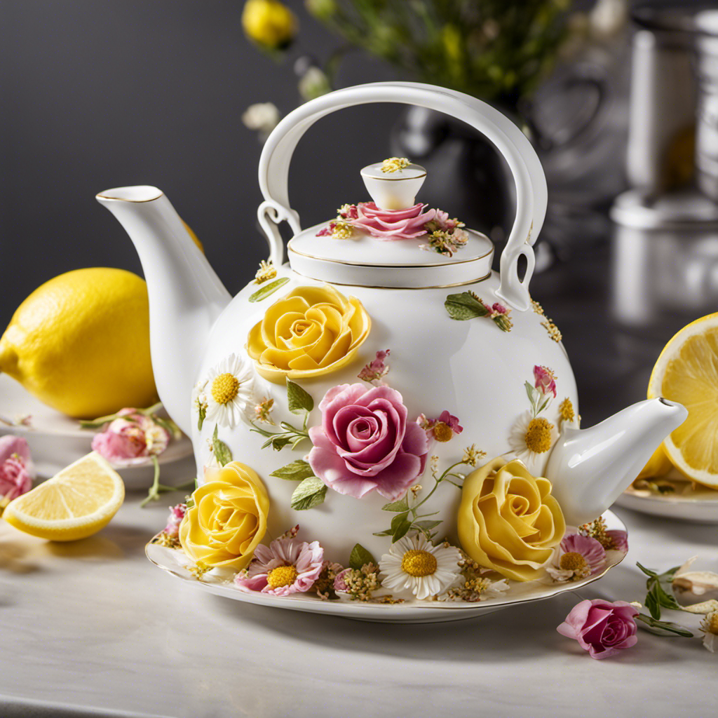 An image featuring an elegant porcelain teapot, brimming with a vibrant infusion of chamomile flowers, slices of zesty lemon, and fragrant rose petals, exuding a soothing aroma in a sunlit kitchen