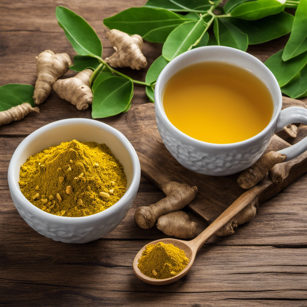 Nt, steaming cup of Tea of Life Moringa Ginger Turmeric Loose Leaf rests on a wooden table, surrounded by freshly harvested ginger root, turmeric powder, and fragrant moringa leaves