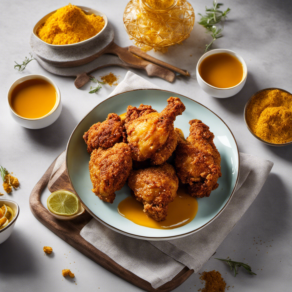 An image showcasing a golden-fried chicken coated with a vibrant, aromatic turmeric-infused tea glaze