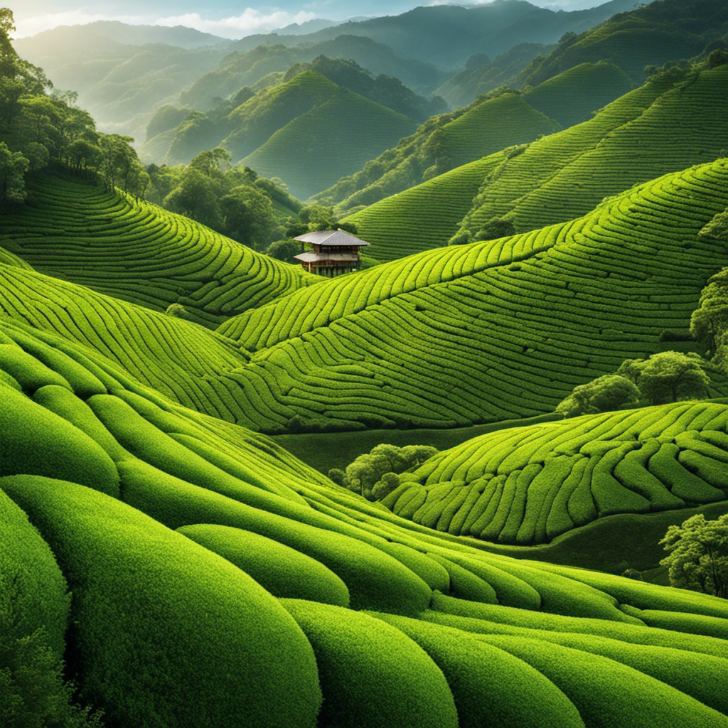 An image that depicts a lush tea plantation nestled amidst rolling hills, showcasing the harmonious coexistence between tea cultivation and nature, while subtly hinting at the potential environmental implications of tea production