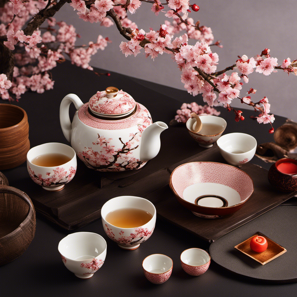 An image showcasing a serene Japanese tea ceremony, with a traditional tatami-floored room adorned in delicate cherry blossom motifs