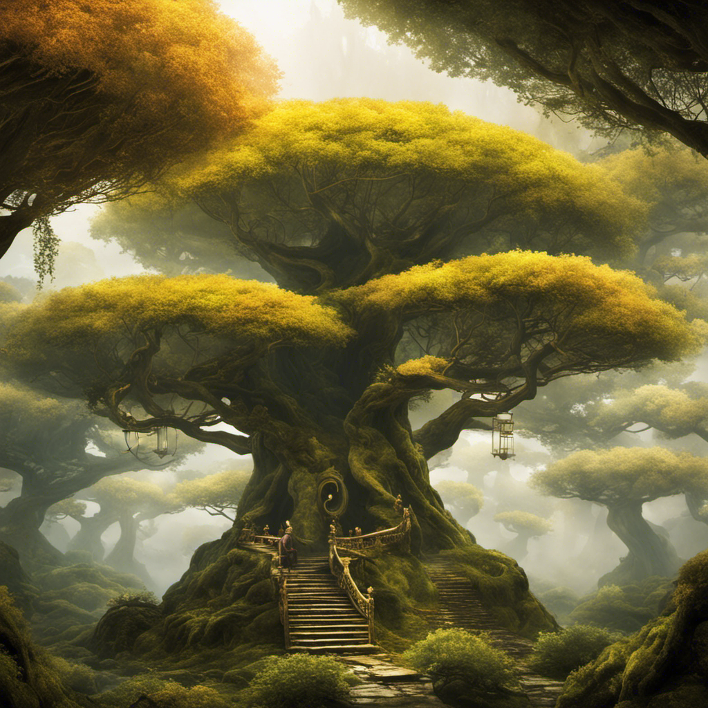 An image of a mystical, ancient forest where ancient tea trees stand tall