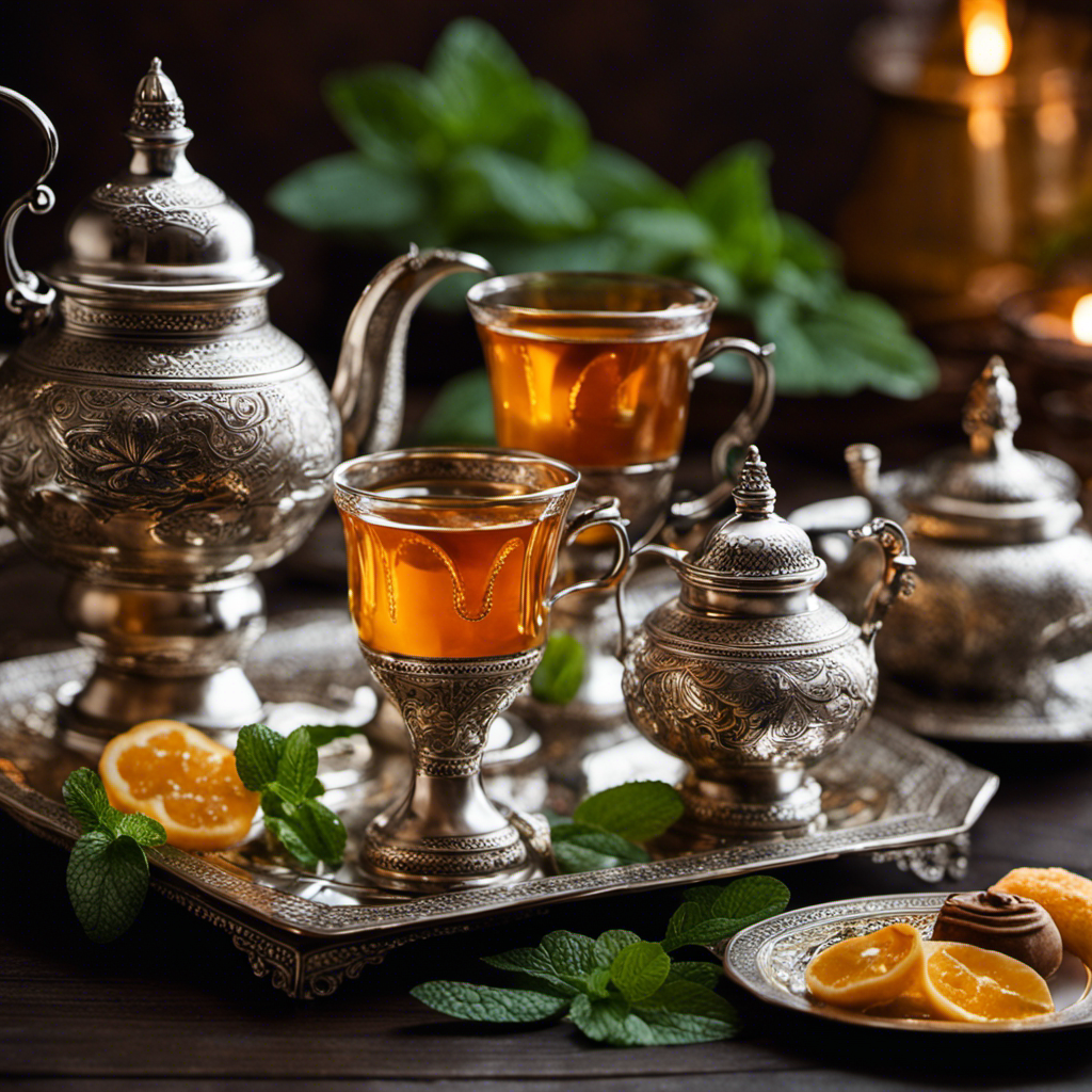 An image showcasing a Moroccan tea ceremony, with a traditional silver teapot pouring amber-colored tea into ornate glass cups, accompanied by a platter of mint leaves, sugar cubes, and delicate pastries