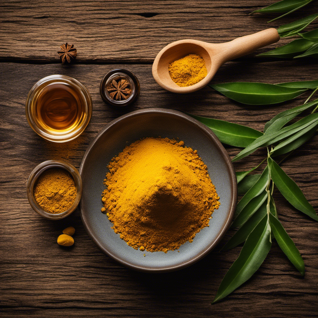 An image showcasing a vibrant, healing scene: a bowl of turmeric powder and a bottle of tea tree oil placed next to each other on a rustic wooden surface, surrounded by fresh turmeric roots and tea tree leaves