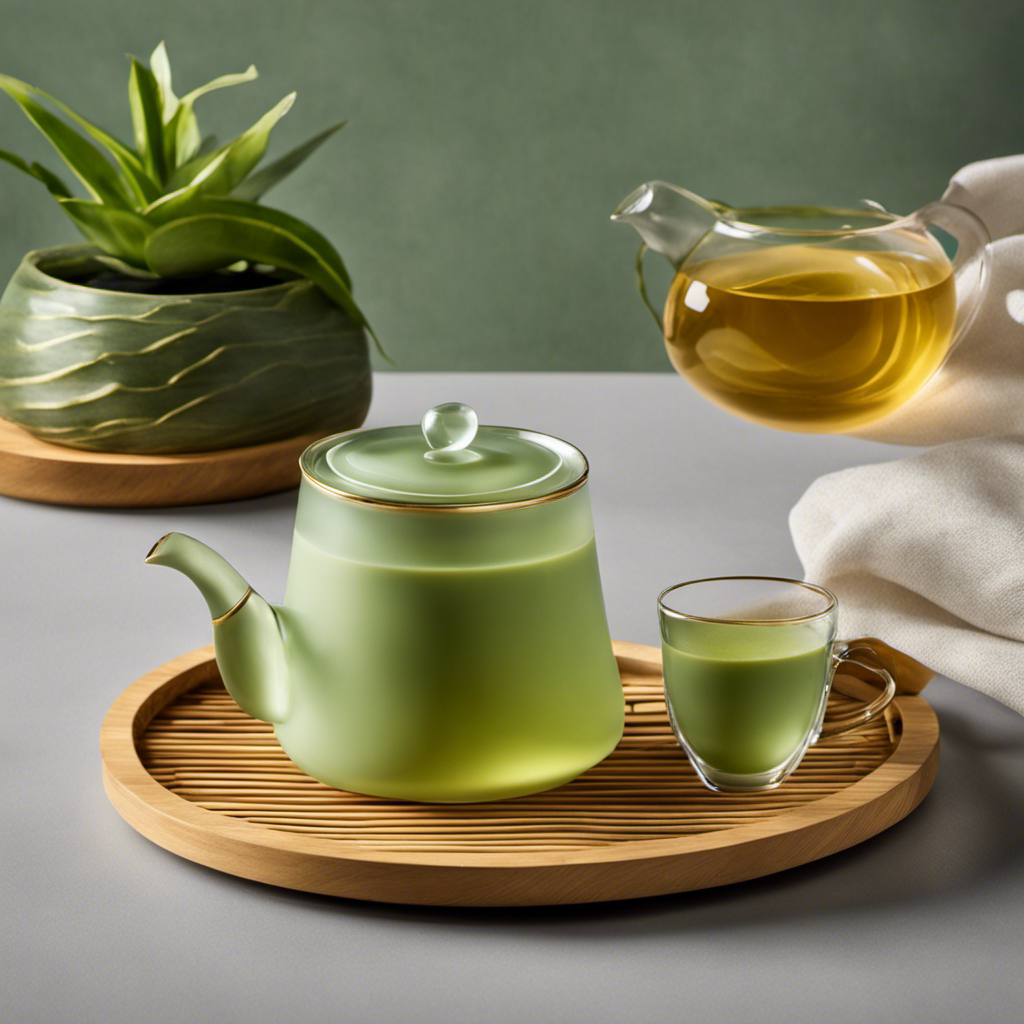 An image of a serene, minimalist tea set on a bamboo tray, featuring a vibrant green matcha latte gently swirling in a delicate glass cup, accompanied by a golden turmeric-infused tea in a translucent porcelain teapot