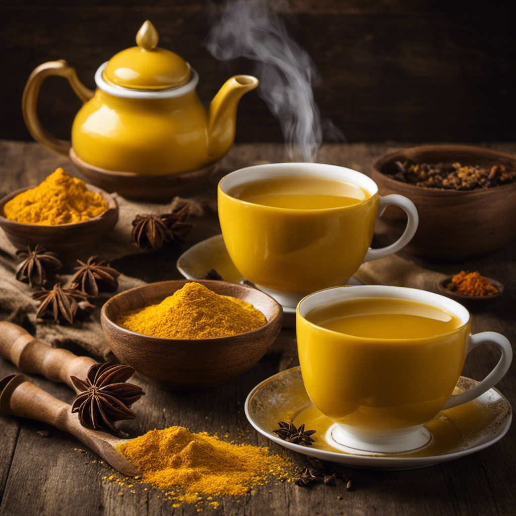 An image featuring a steaming cup of golden tea infused with aromatic turmeric and a dollop of creamy ghee