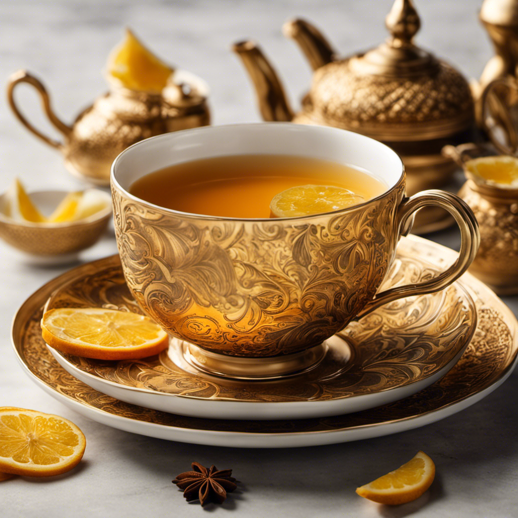 An image of a warm, golden-hued tea cup, steam gently rising, adorned with vibrant slices of ginger, a sprinkling of cinnamon, and a swirl of turmeric, evoking a soothing and aromatic blend