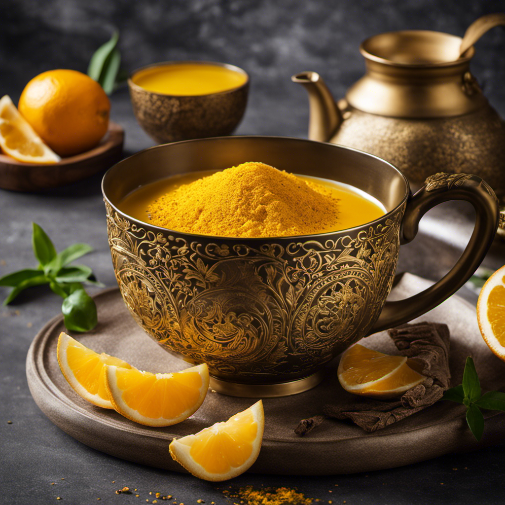 An image that showcases a steaming cup of golden tea, infused with vibrant turmeric and ginger, sweetened with a drizzle of honey and garnished with slices of zesty citrus fruit