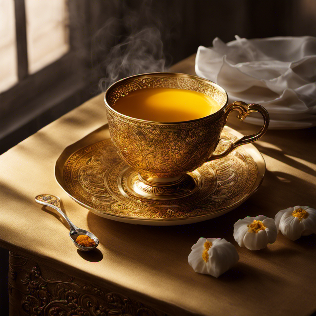 An image that showcases a vibrant, golden-hued cup of tea infused with turmeric powder