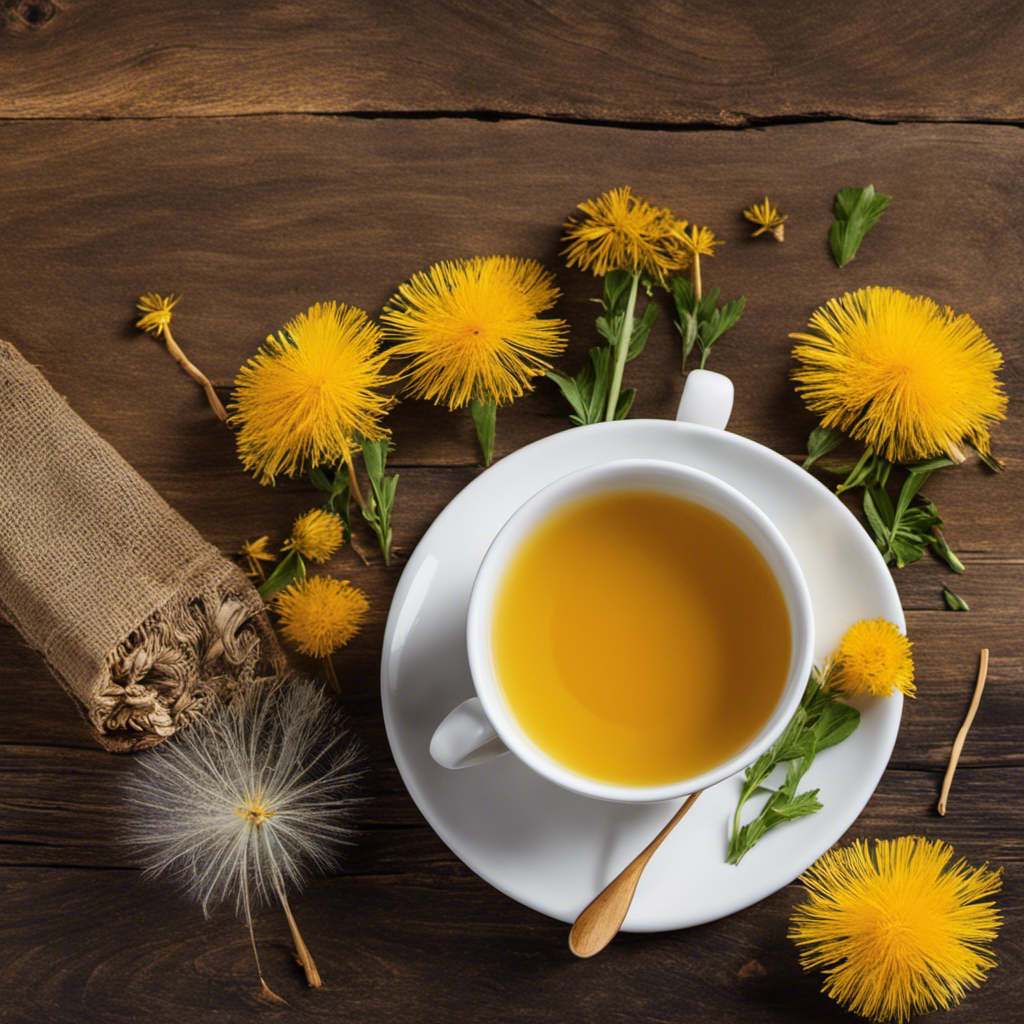 An image showcasing a steaming cup of Teeccino Dandelion Turmeric Tea, the vibrant golden liquid swirling with aromatic steam, adorned with a sprig of fresh dandelion and a sprinkle of turmeric on a rustic wooden table