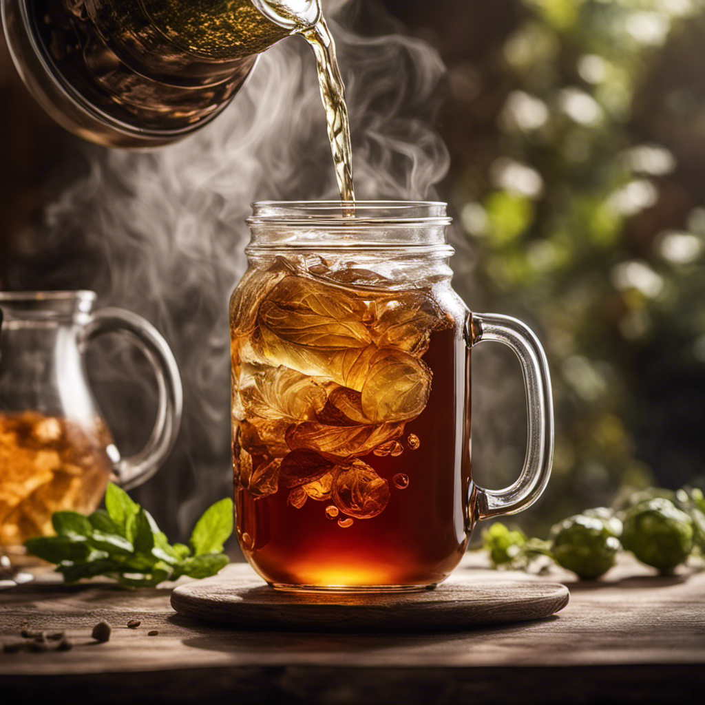 An image of a steamy cup of freshly brewed tea being poured into a glass jar filled with fermenting kombucha