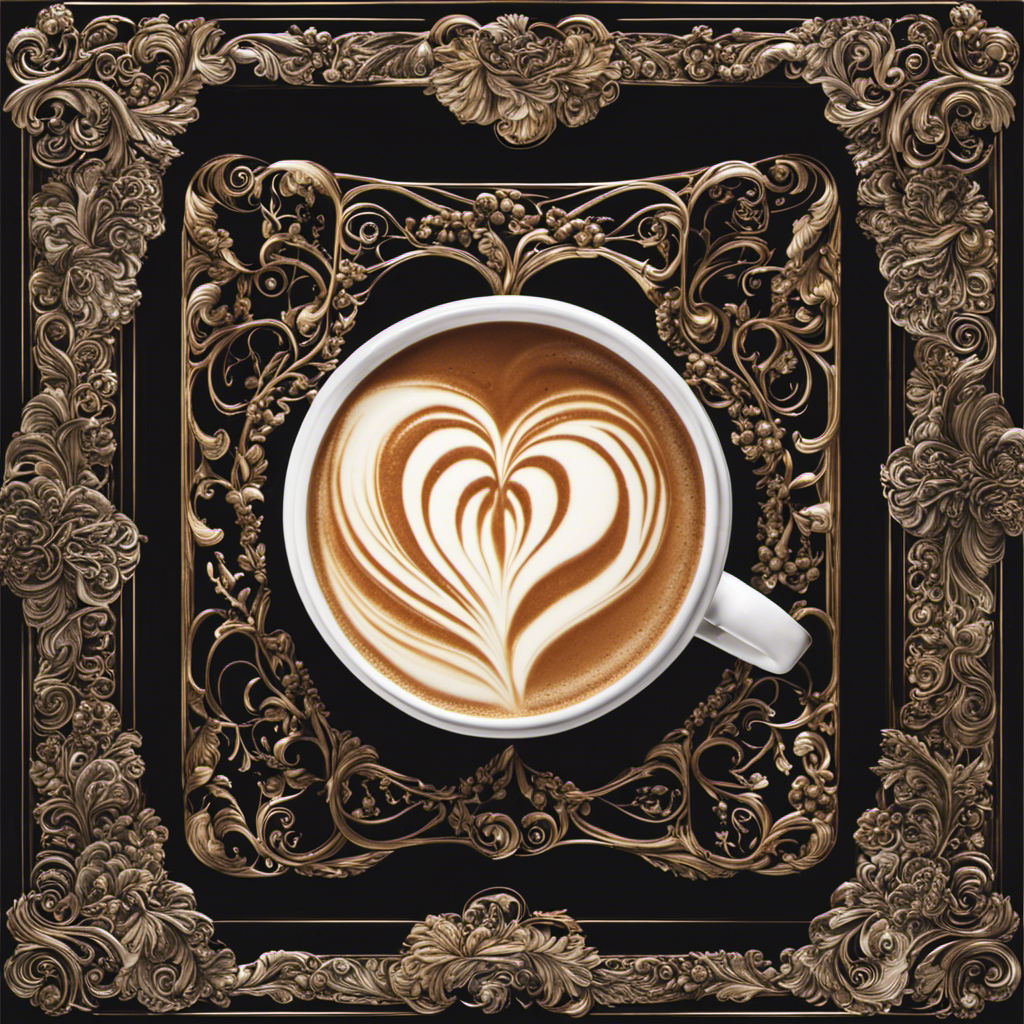 An image capturing a barista's hands delicately pouring steamed milk into a cup, forming intricate patterns of a swirled heart and a perfectly symmetrical rosetta, framed by the rich, velvety crema