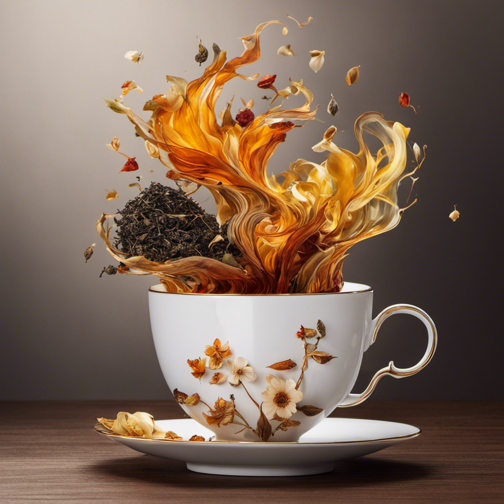 An image showcasing a delicate porcelain teacup, filled with steaming amber-colored tea