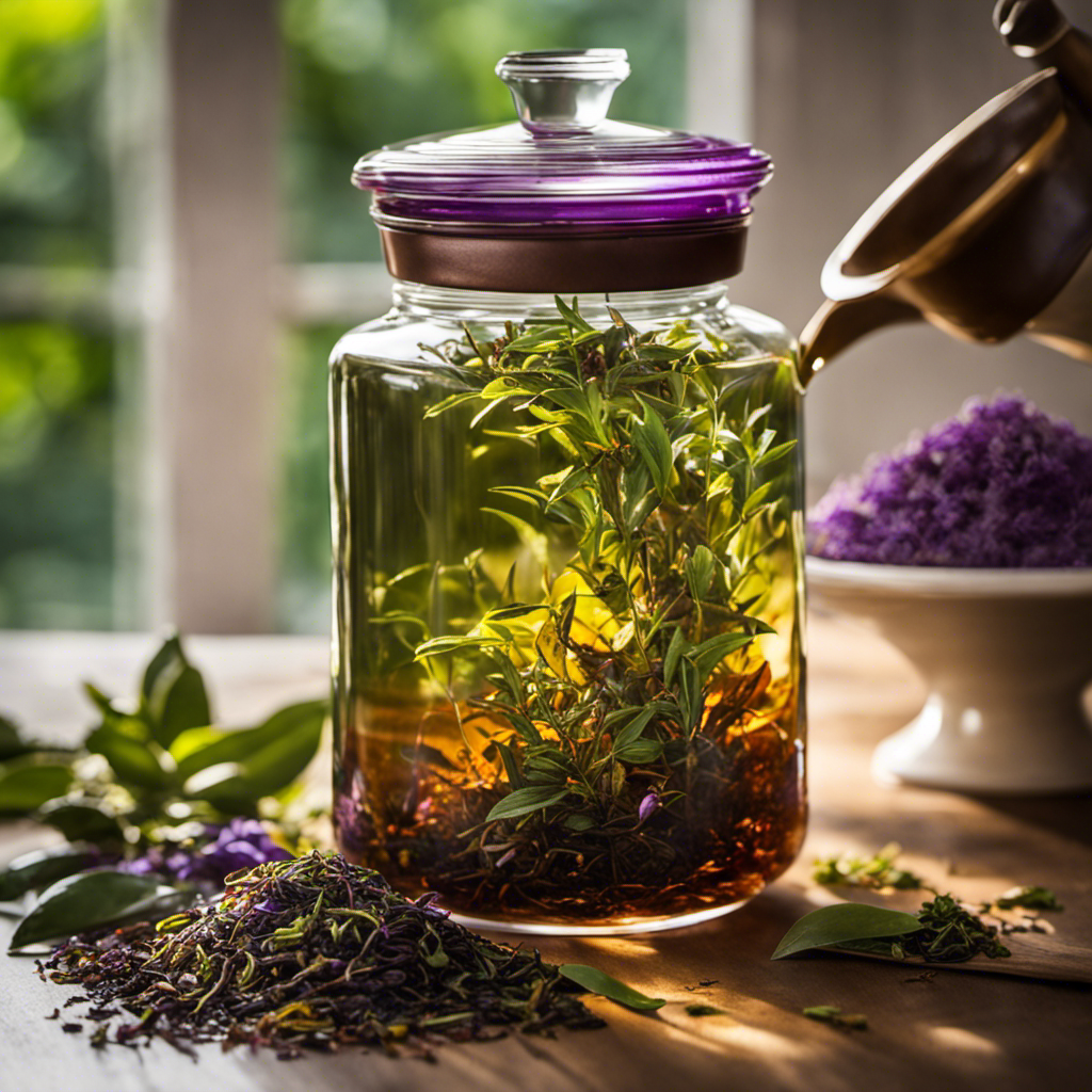 An image of a skilled tea artisan in a serene, sunlit room, delicately pouring various loose tea leaves into a glass jar