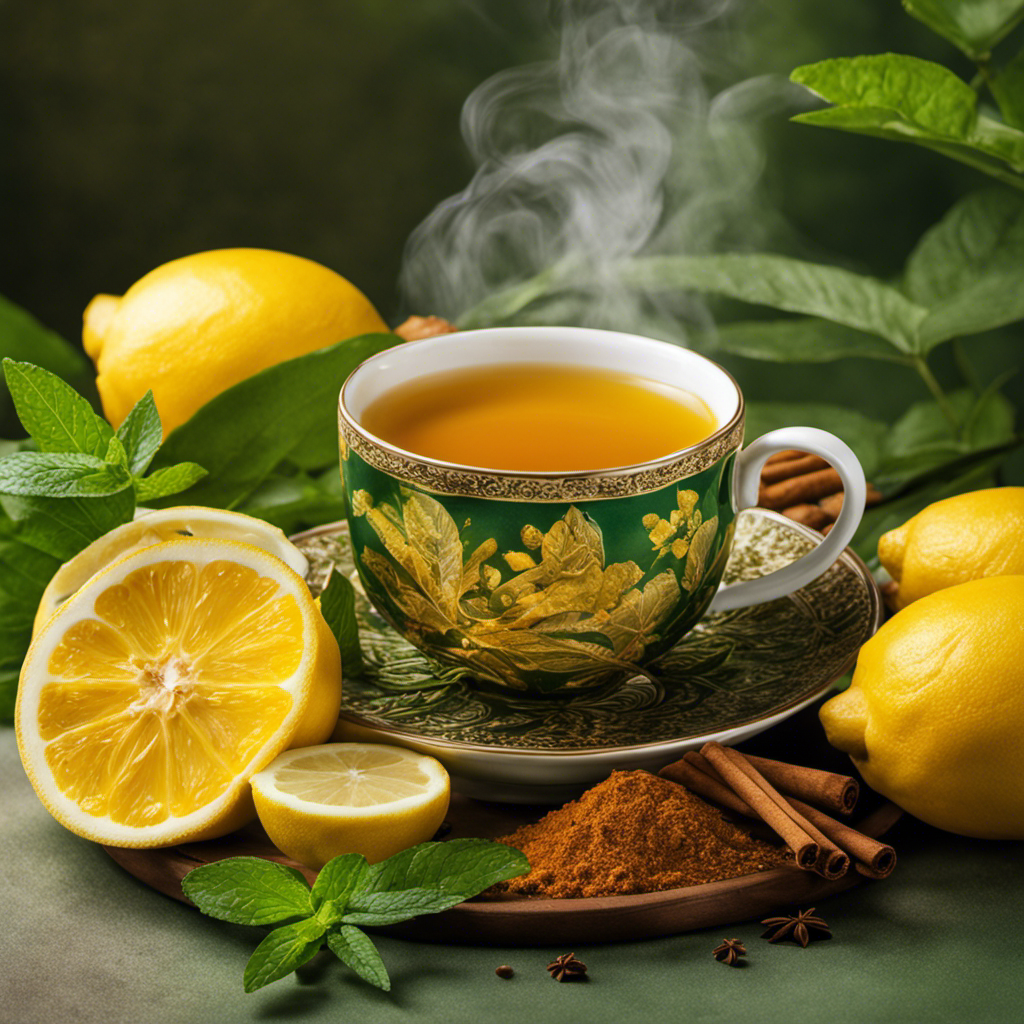 An image showcasing a steaming cup of vibrant golden turmeric tea; adorned with fresh slices of lemon, a sprinkle of cinnamon, and a sprig of fragrant mint, all set against a backdrop of lush green tea leaves