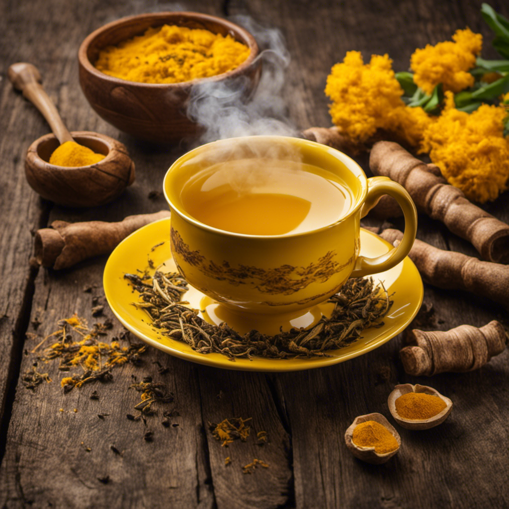 An image showcasing a vibrant yellow tea cup filled with steaming Chew Turmeric Tea