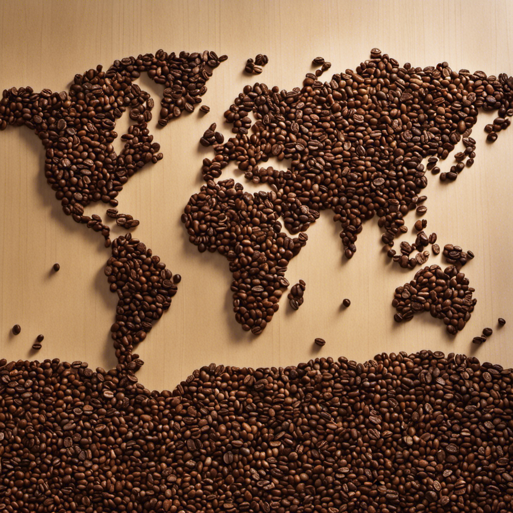 An image showing a map of the world made entirely of coffee beans, with dotted lines tracing the historical migration routes of humans, and coffee plants sprouting along those paths