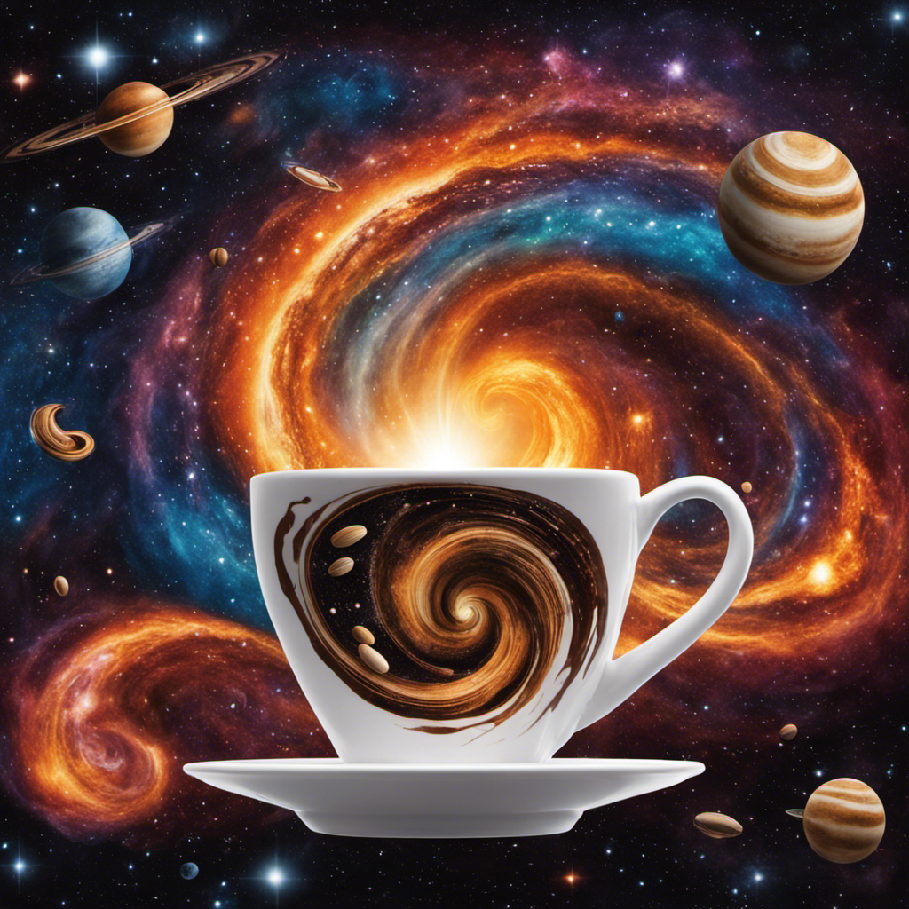 An image showcasing a vibrant celestial backdrop with swirling galaxies, where a steaming cup of coffee materializes from stardust