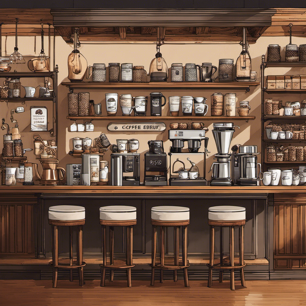 An image showcasing a bustling coffee shop scene with bearded baristas expertly brewing pour-over coffee, trendy customers engrossed in their laptops, and shelves adorned with artisanal coffee beans and quirky mugs