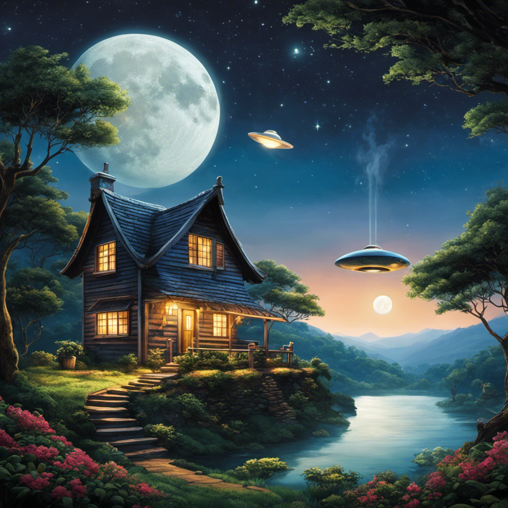 An image capturing a serene moonlit night, with a cozy cottage nestled amidst a lush tea plantation
