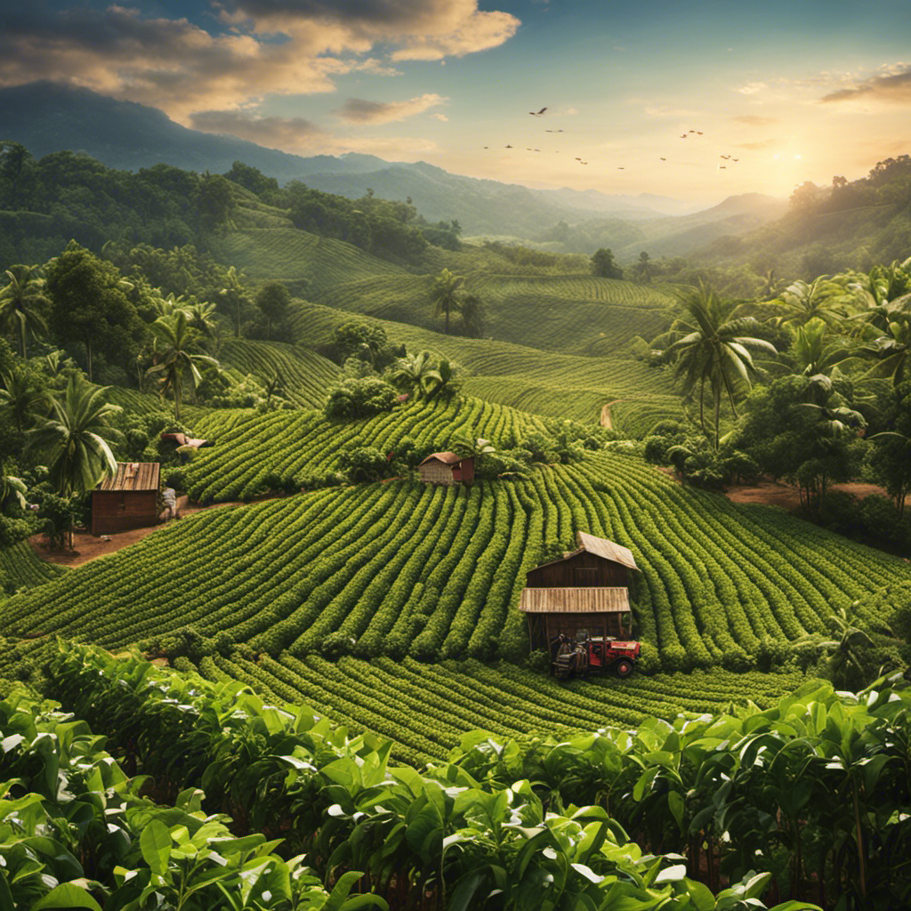 An image depicting a coffee plantation with farmers harvesting beans, followed by a complex supply chain, showcasing market fluctuations and sustainability practices