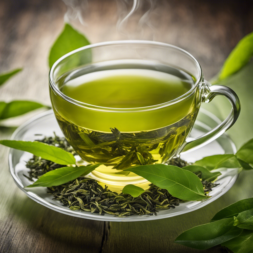 An image showcasing a serene scene of a cup filled with freshly brewed green tea, surrounded by vibrant green tea leaves, steam gently rising, evoking a sense of tranquility and the numerous health benefits of this ancient elixir