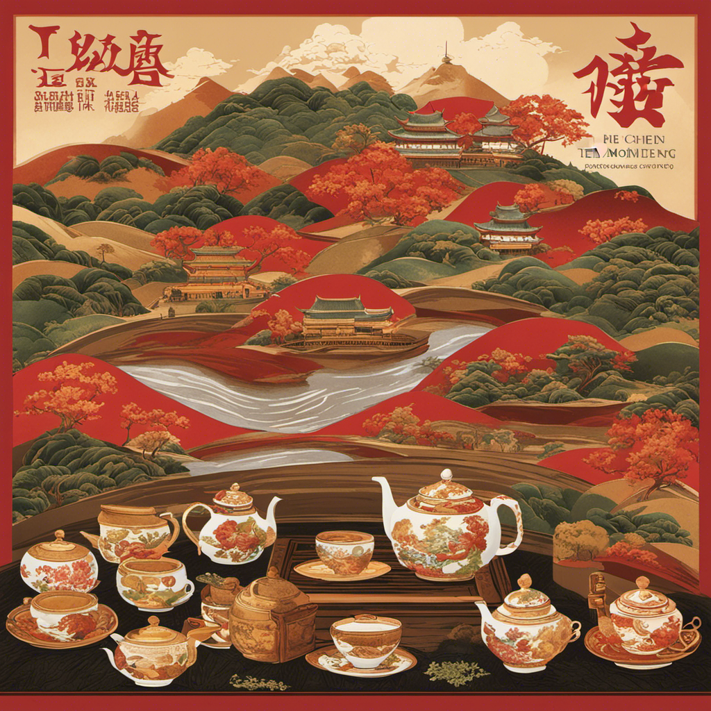 An image showcasing the rich history of tea—beginning with ancient Chinese legend of Emperor Shen Nong, progressing through its journey on the Silk Road, and culminating in the diverse global tea cultures that have flourished