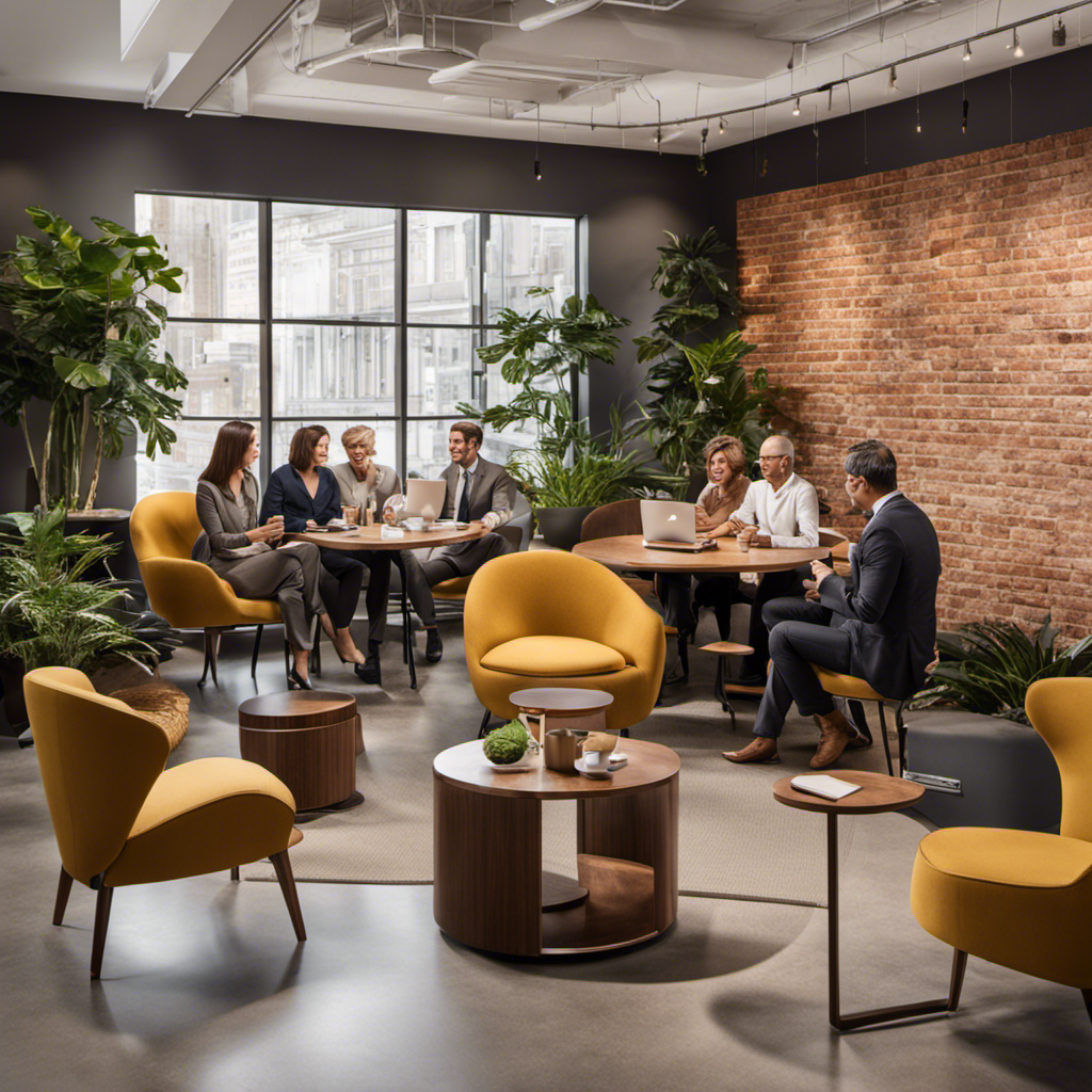 An image showcasing a cozy coffee corner in an office, filled with individuals engaged in light-hearted conversations, laughter, and relaxed body language, highlighting the social and stress-relieving aspects of coffee breaks