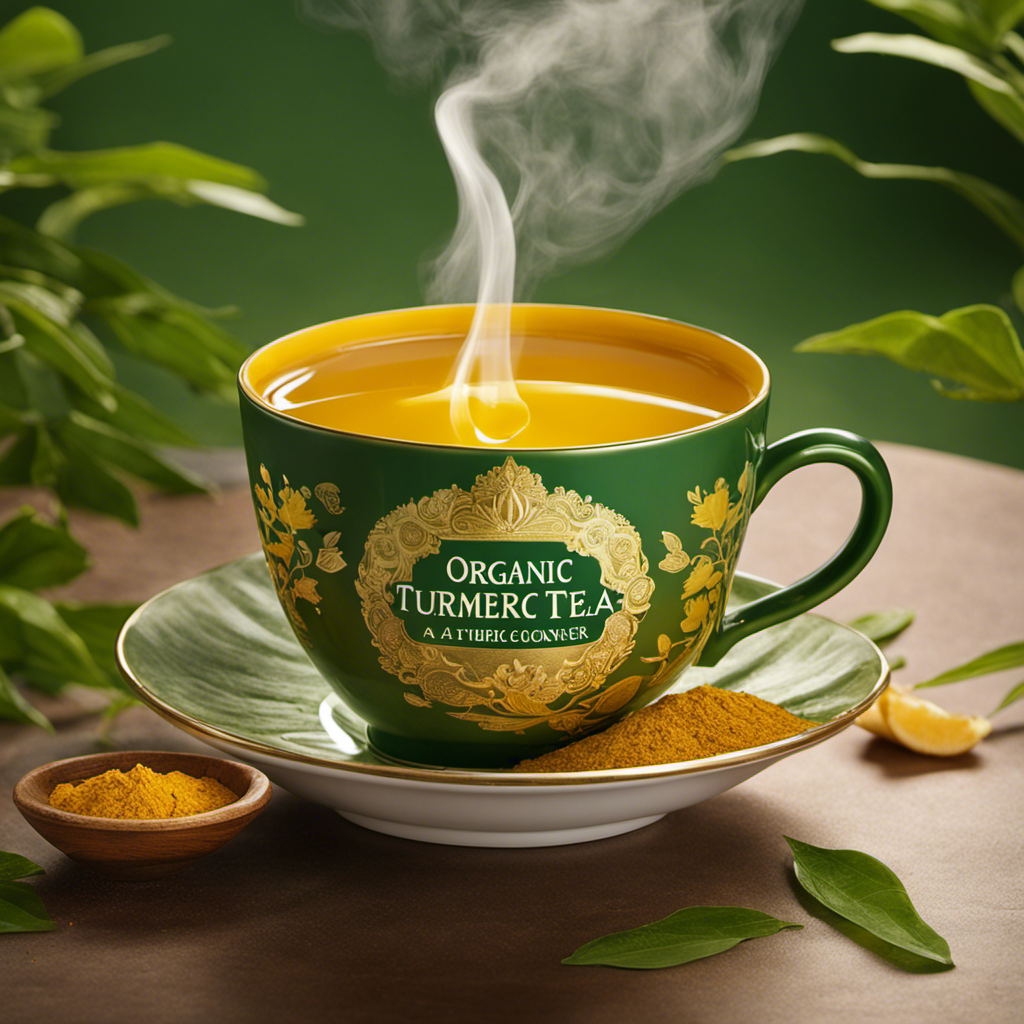 An image capturing the vibrant essence of The Republic of Tea Organic Turmeric Ginger: a steaming cup of golden elixir, adorned with fresh ginger slices, nestled against a backdrop of lush green tea leaves
