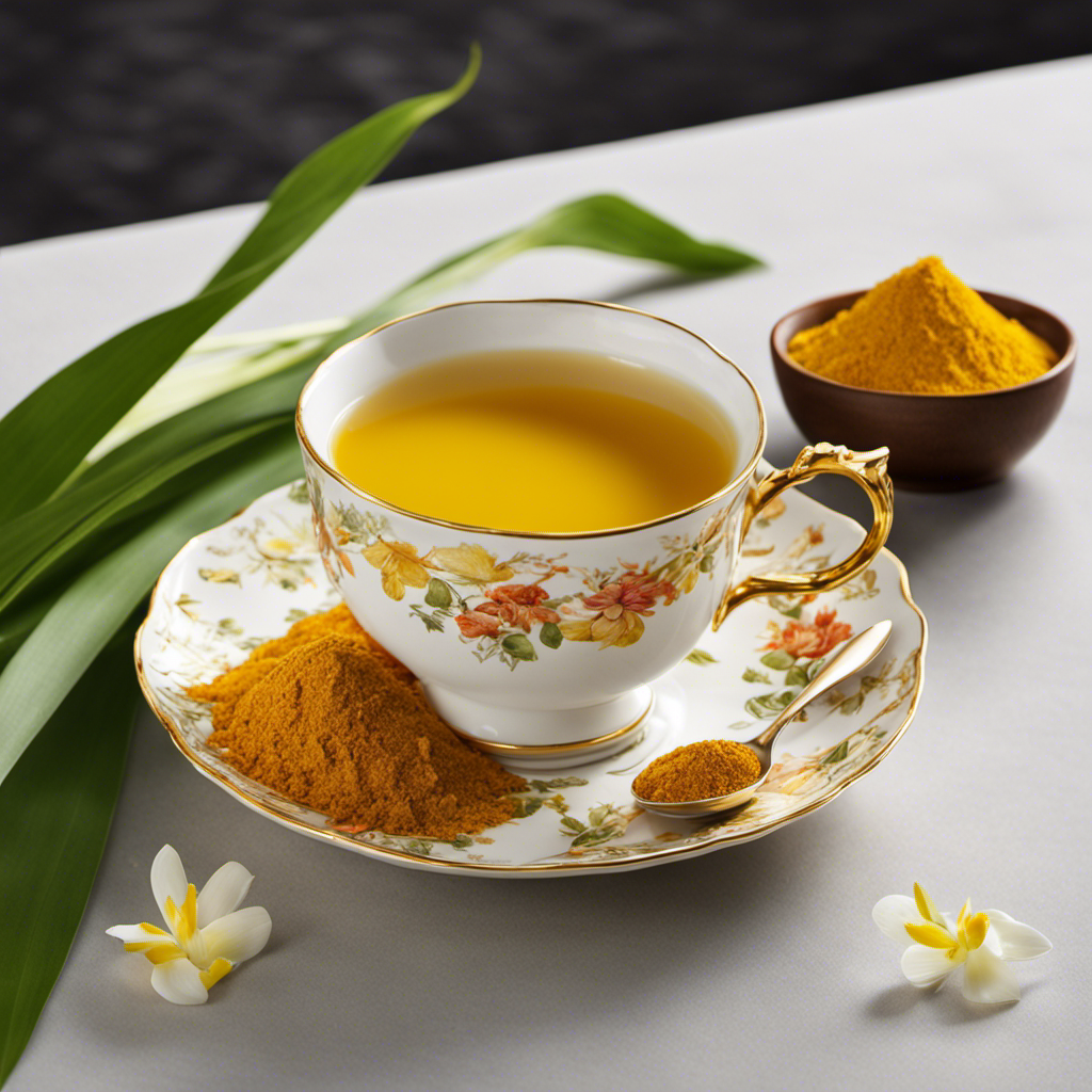 An image showcasing the vibrant Republic of Tea Turmeric Wholes Foods: a golden-hued teacup brimming with aromatic turmeric tea, accompanied by a bowl of freshly ground turmeric and a sprig of fragrant lemongrass