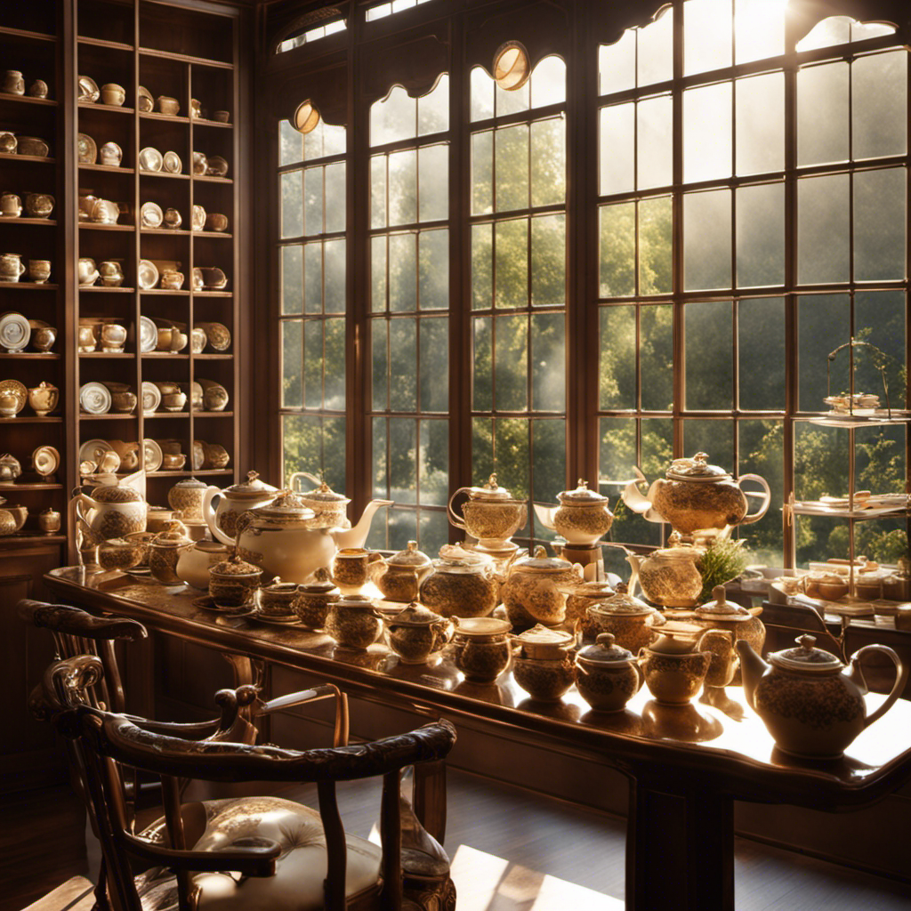An image showcasing a serene tea shop interior, adorned with elegant porcelain teapots, delicate cups, and rows of fragrant tea canisters