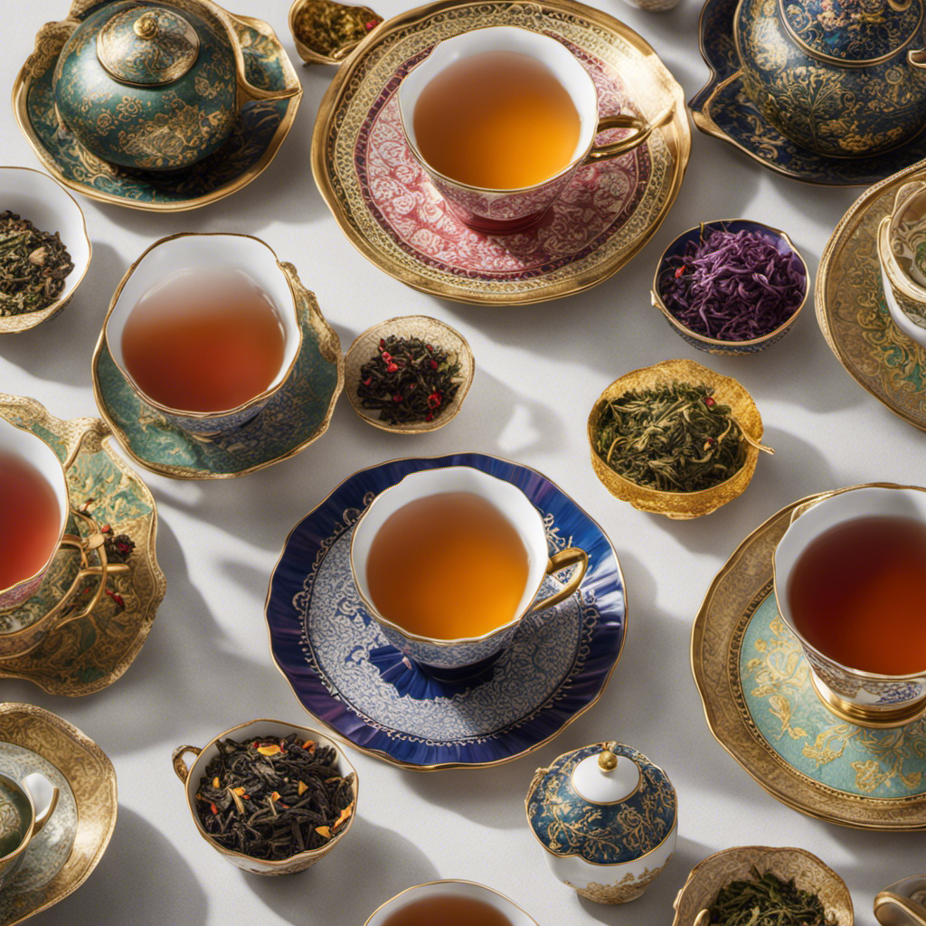 An image that captures the essence of the rising popularity of artisanal tea blends; vibrant teacups with intricately designed patterns, surrounded by aromatic loose tea leaves in various colors, evoking a sense of refined indulgence