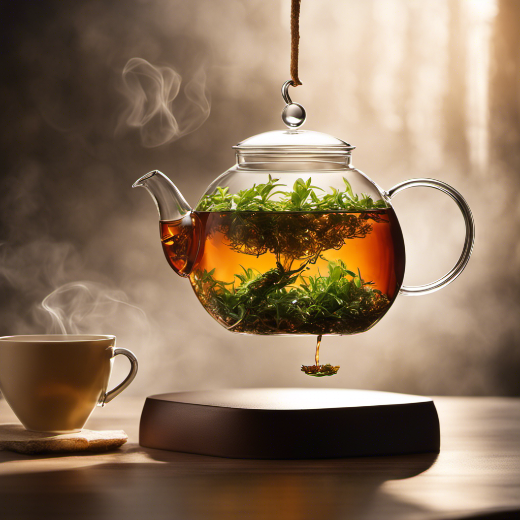 An image showcasing a serene, sunlit room with a transparent teapot suspended mid-air, delicately pouring a vibrant stream of tea leaves into a glass cup