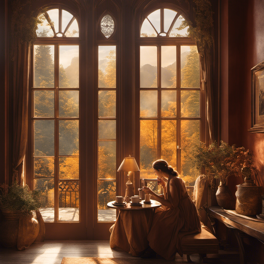 An image depicting a serene morning scene with a person sipping coffee, featuring a warm color palette, sunlight streaming through a window, and a tranquil expression on their face