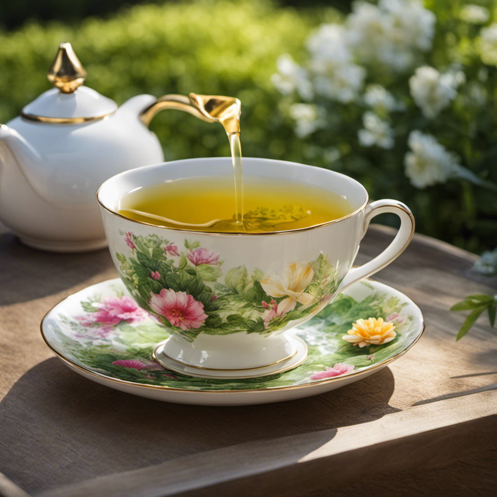 An image showcasing a serene, sunlit garden with a delicate china teacup brimming with aromatic tea