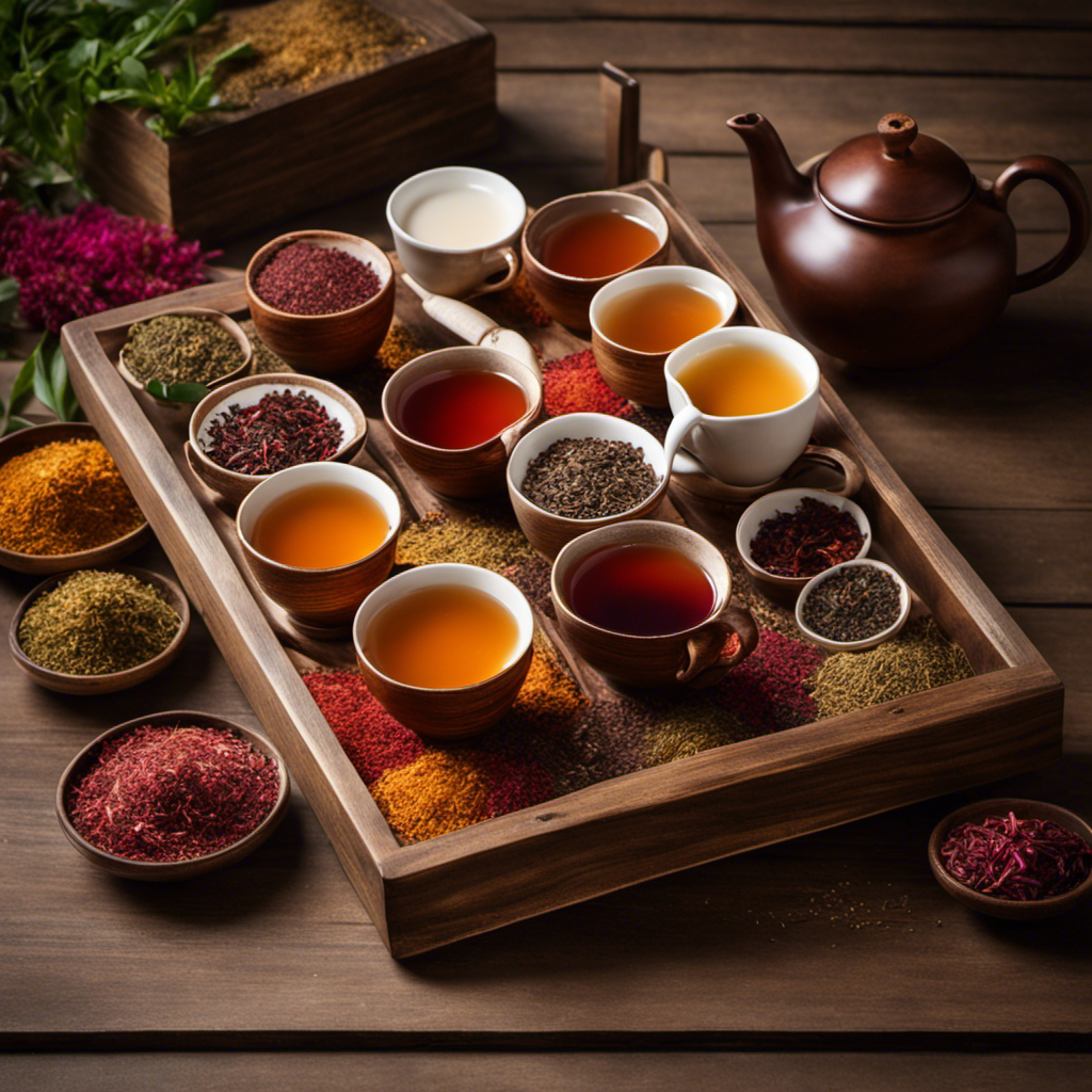 An image showcasing a rustic wooden tea tray adorned with ten beautifully arranged teacups filled with vibrant rooibos tea infusions