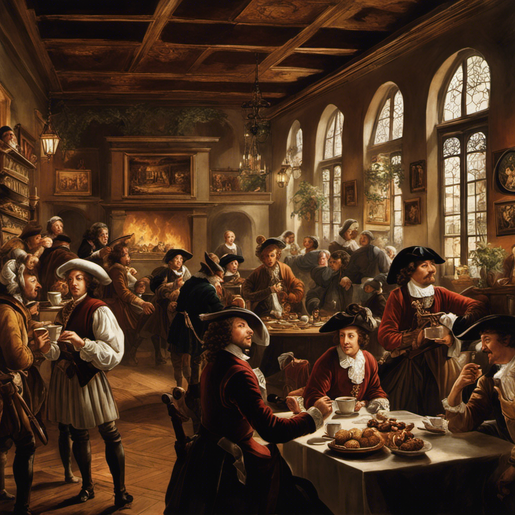 An image capturing the allure of coffeehouses in 17th century Europe: patrons engrossed in lively debates, exchanging ideas and sparking revolutions, all while savoring the aromatic brew that shaped the course of history