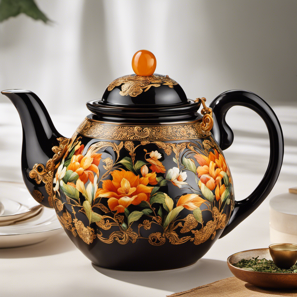 An image showcasing an elegant, hand-painted porcelain teapot, brimming with a rich, amber-hued infusion