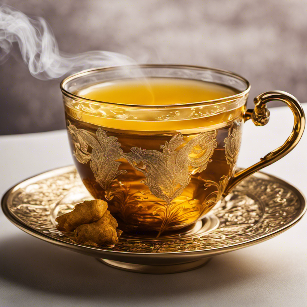 -up shot of a steaming cup of vibrant golden tea, infused with fresh ginger and turmeric