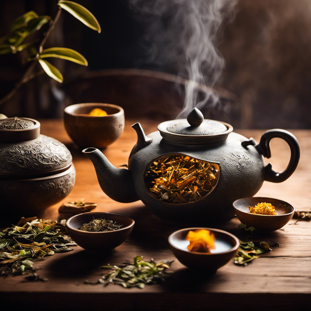 An image featuring a mystical tea ceremony with ancient, weathered tea leaves scattered on a wooden table