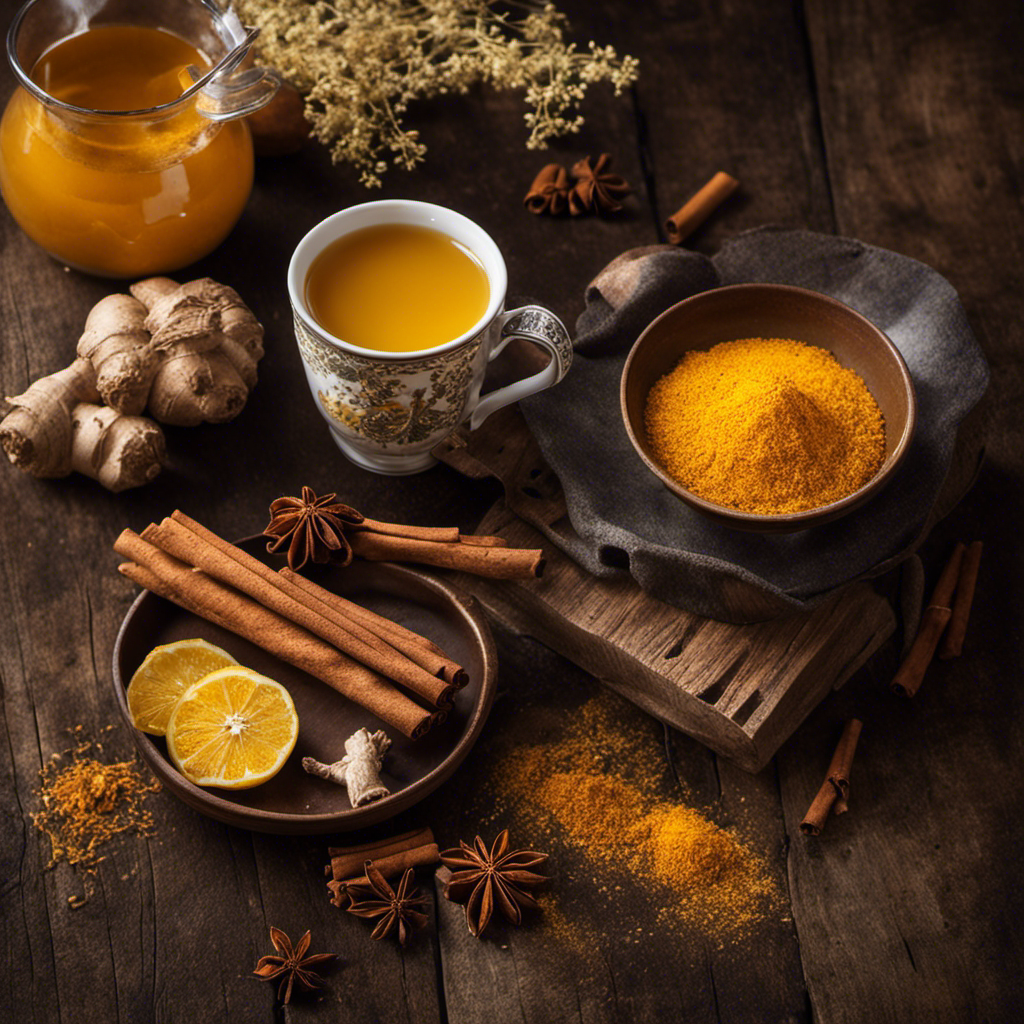 An image of a steaming cup of vibrant, golden turmeric ginger and cinnamon tea, nestled on a rustic wooden table beside freshly grated turmeric, slices of ginger, and a sprinkle of fragrant cinnamon sticks