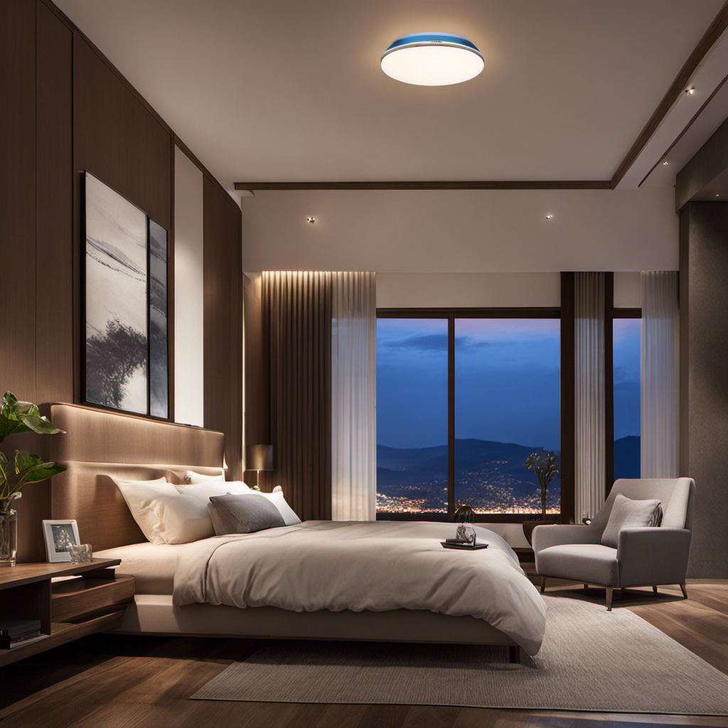 An image showcasing a serene bedroom at night, with a ToLife Air Purifier placed on a bedside table